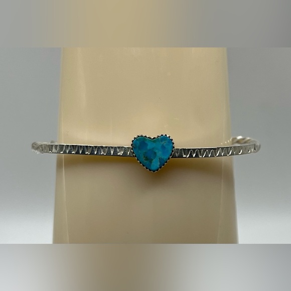 Jewelry - Sterling Silver Heart Turquoise Bangle Bracelet - Handmade. Southwestern Native